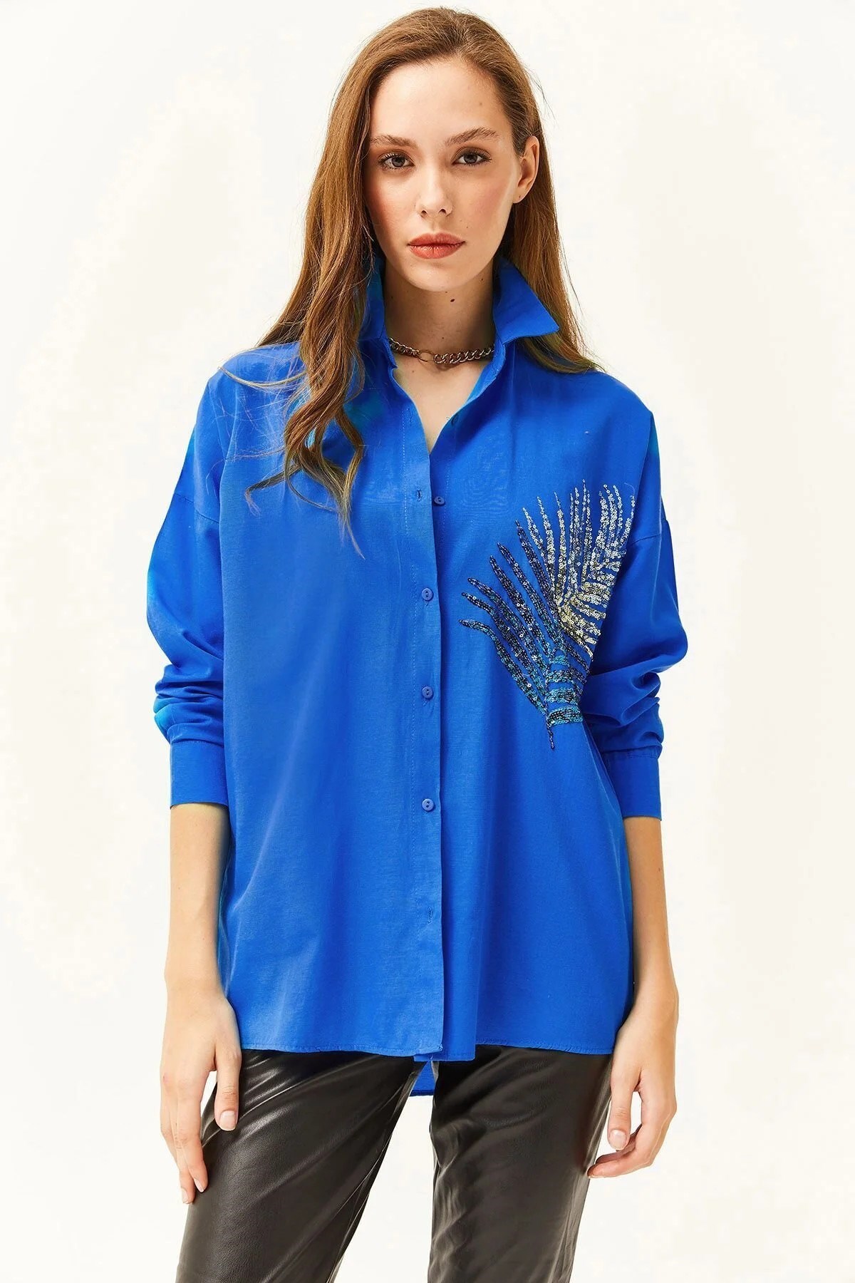 Palmiye Pul Detaylı Oversize Dokuma Poplin Gömlek Saks Mavi
