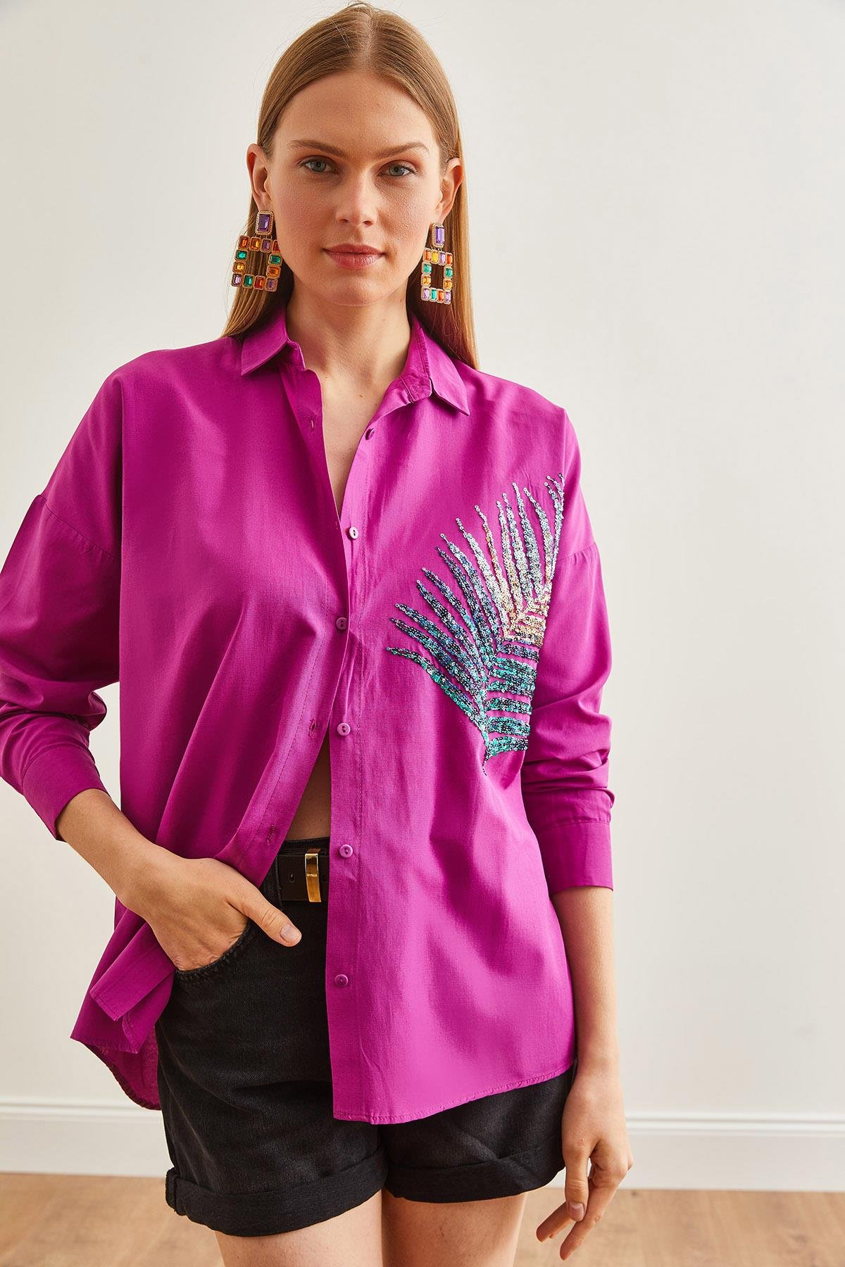 Palmiye Pul Detaylı Oversize Dokuma Poplin Gömlek Menekşe