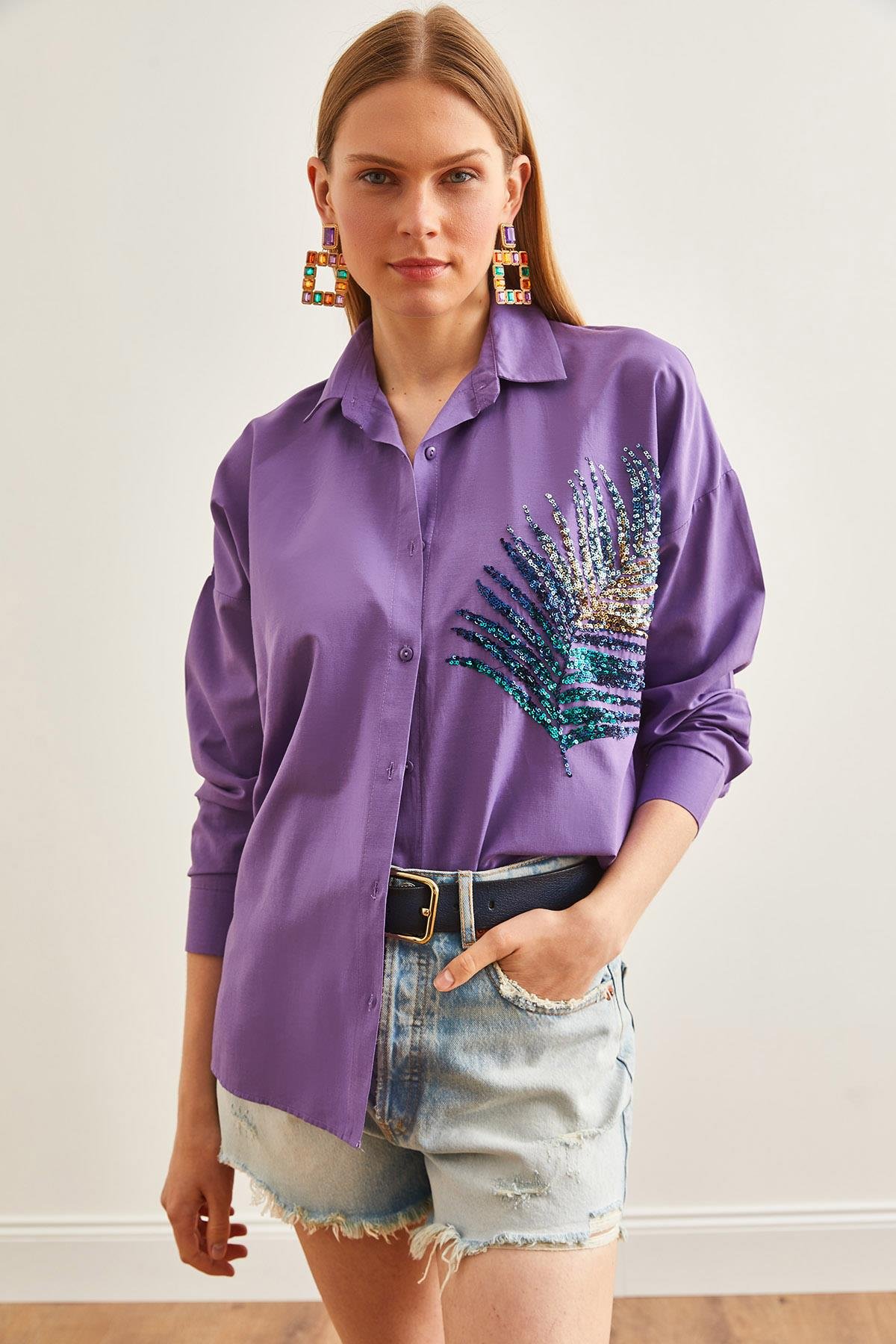 Palmiye Pul Detaylı Oversize Dokuma Poplin Gömlek Mor