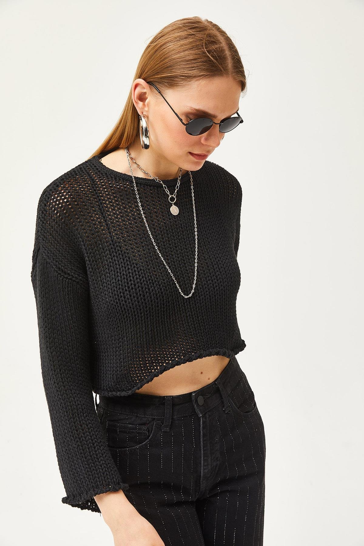 Pis Yaka Ajurlu Crop Pamuk Triko Bluz Siyah