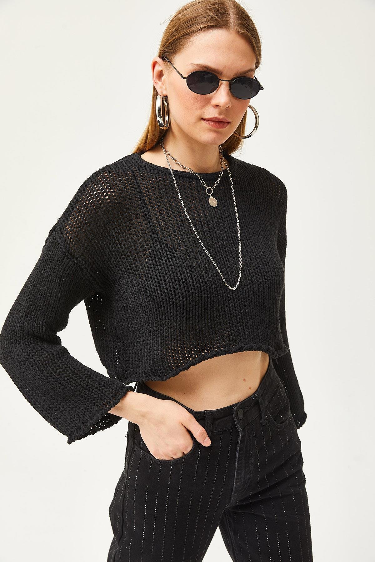 Pis Yaka Ajurlu Crop Pamuk Triko Bluz Siyah