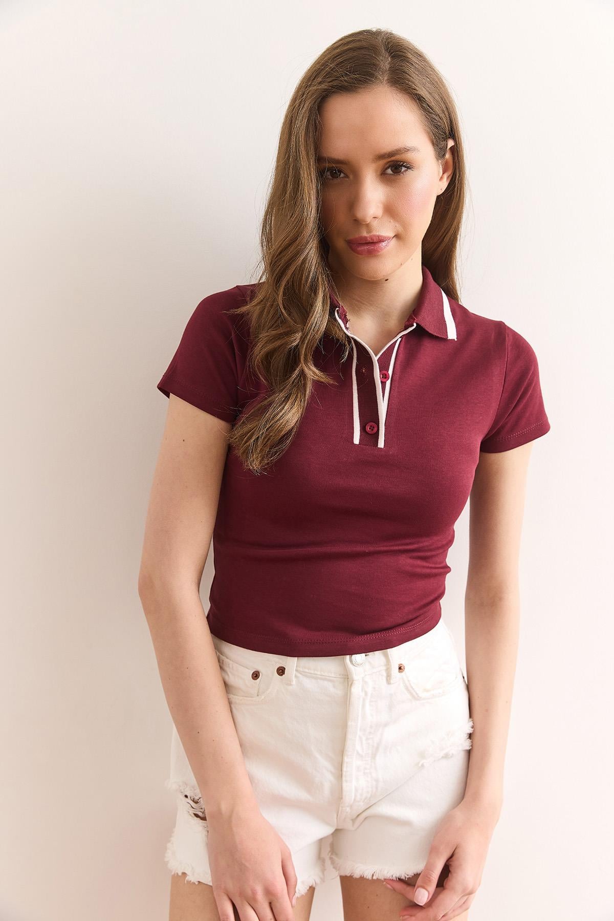Polo Yaka Crop Pamuk Bluz Bordo