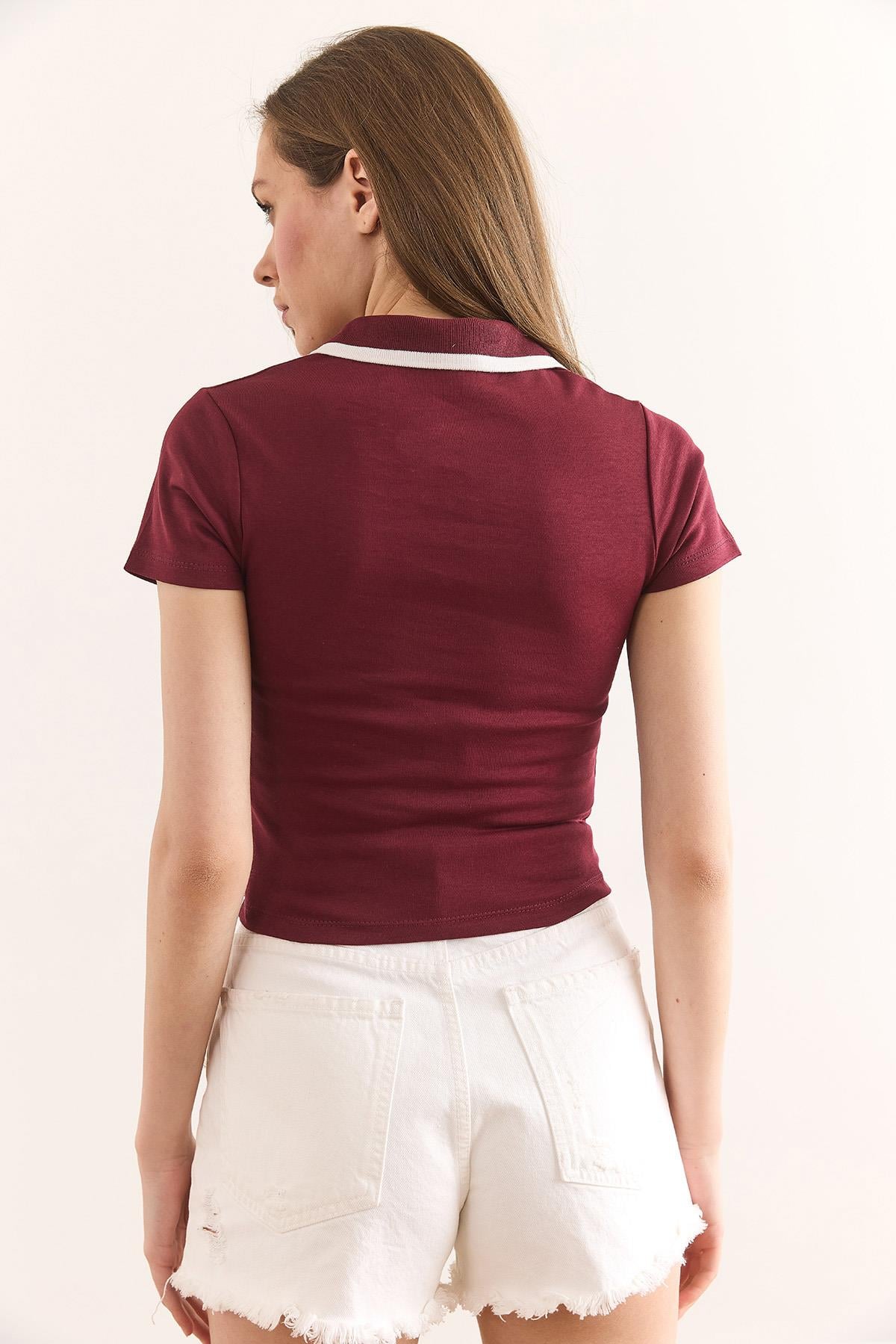 Polo Yaka Crop Pamuk Bluz Bordo