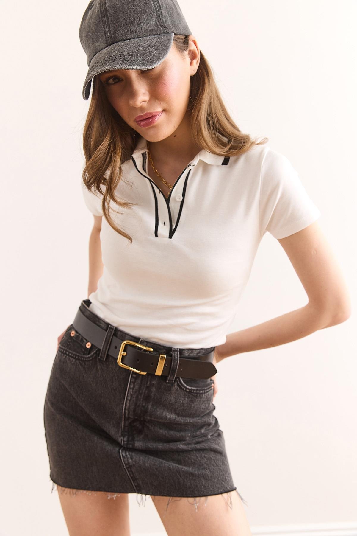 Polo Yaka Crop Pamuk Bluz Ekru