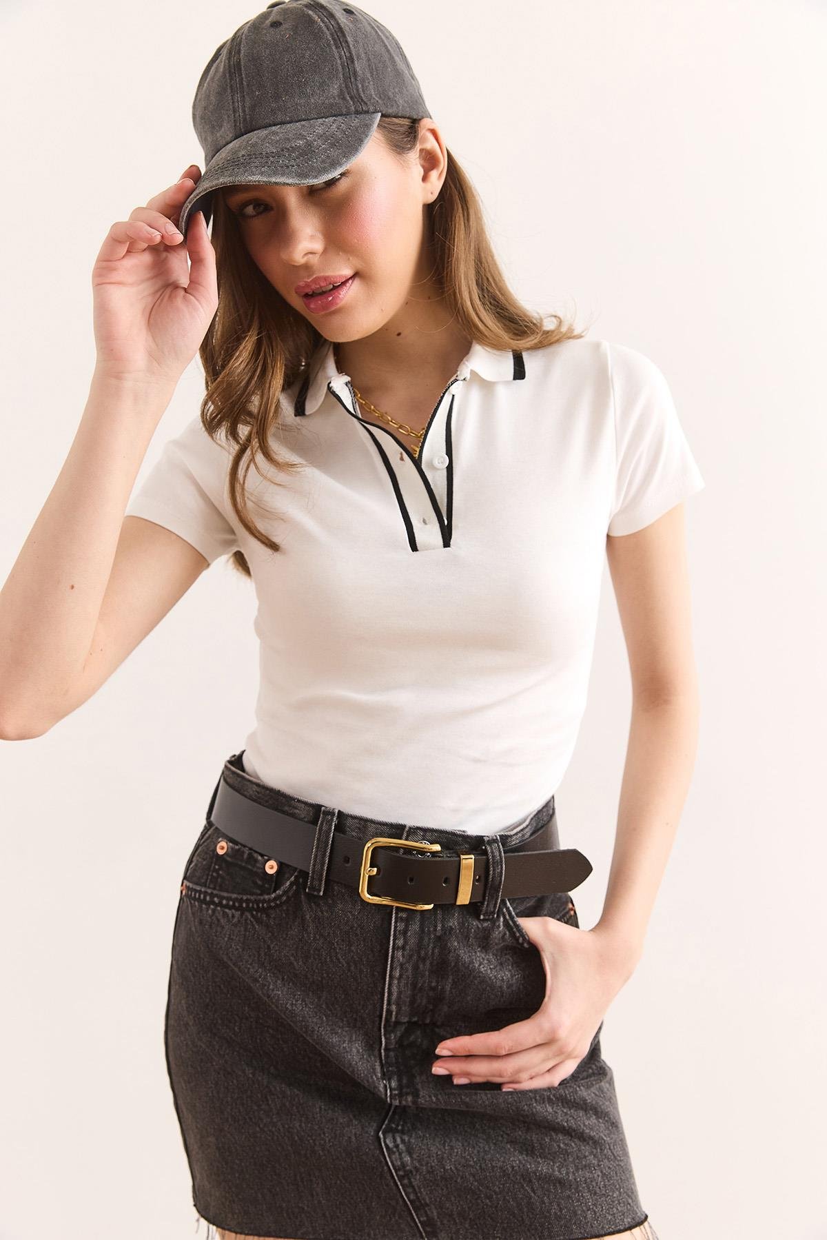 Polo Yaka Crop Pamuk Bluz Ekru