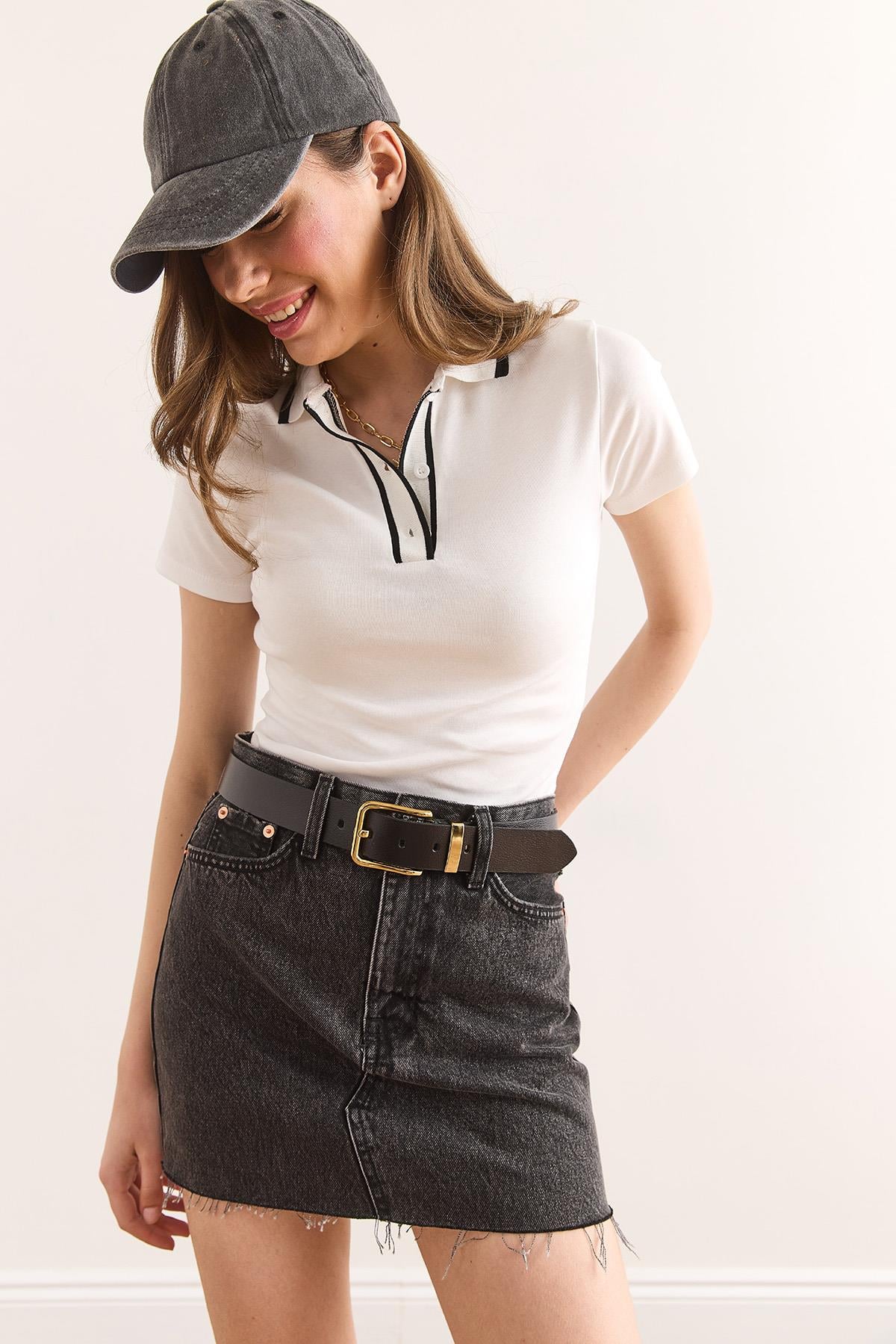 Polo Yaka Crop Pamuk Bluz Ekru