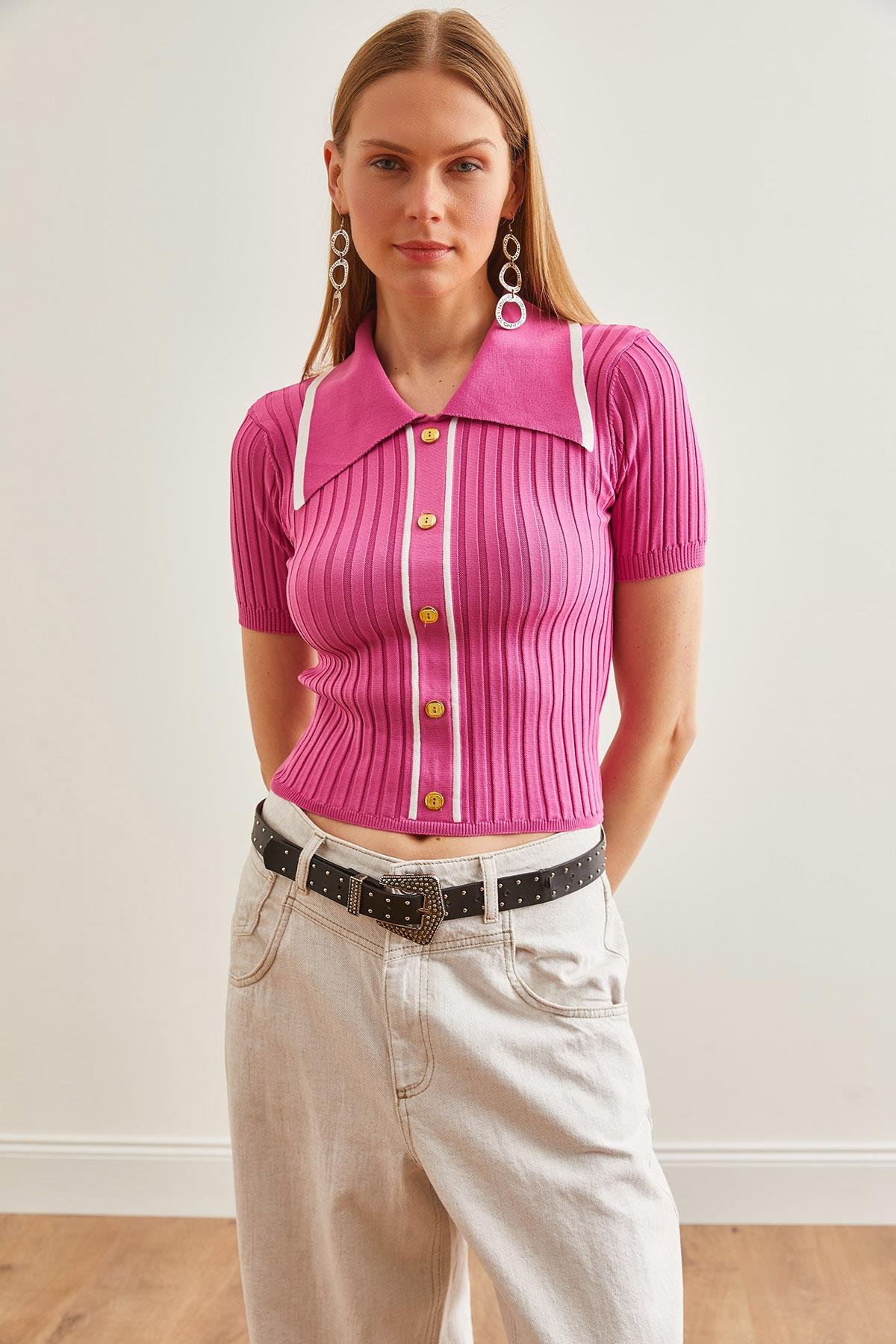 Polo Yaka Düğme Detaylı Crop Triko Bluz Pembe