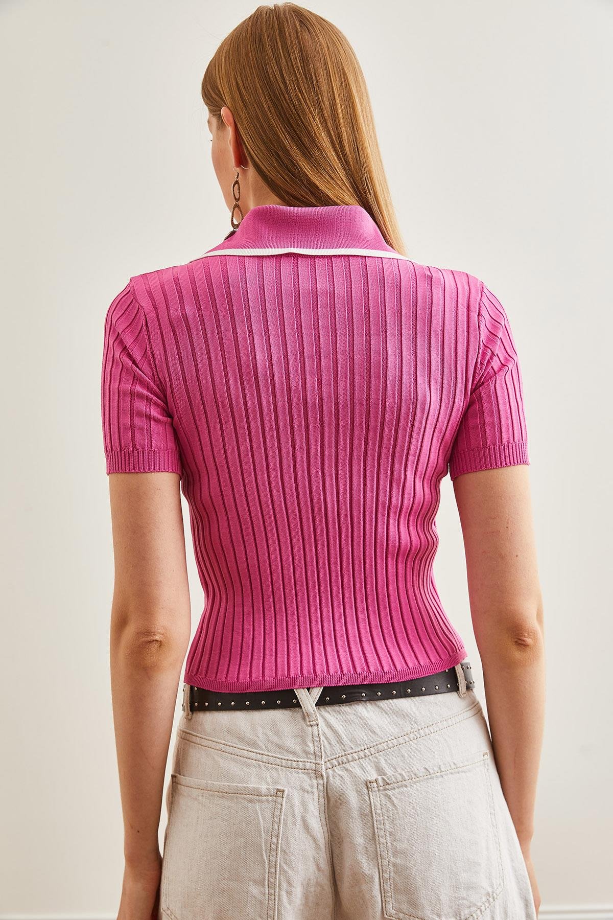 Polo Yaka Düğme Detaylı Crop Triko Bluz Pembe