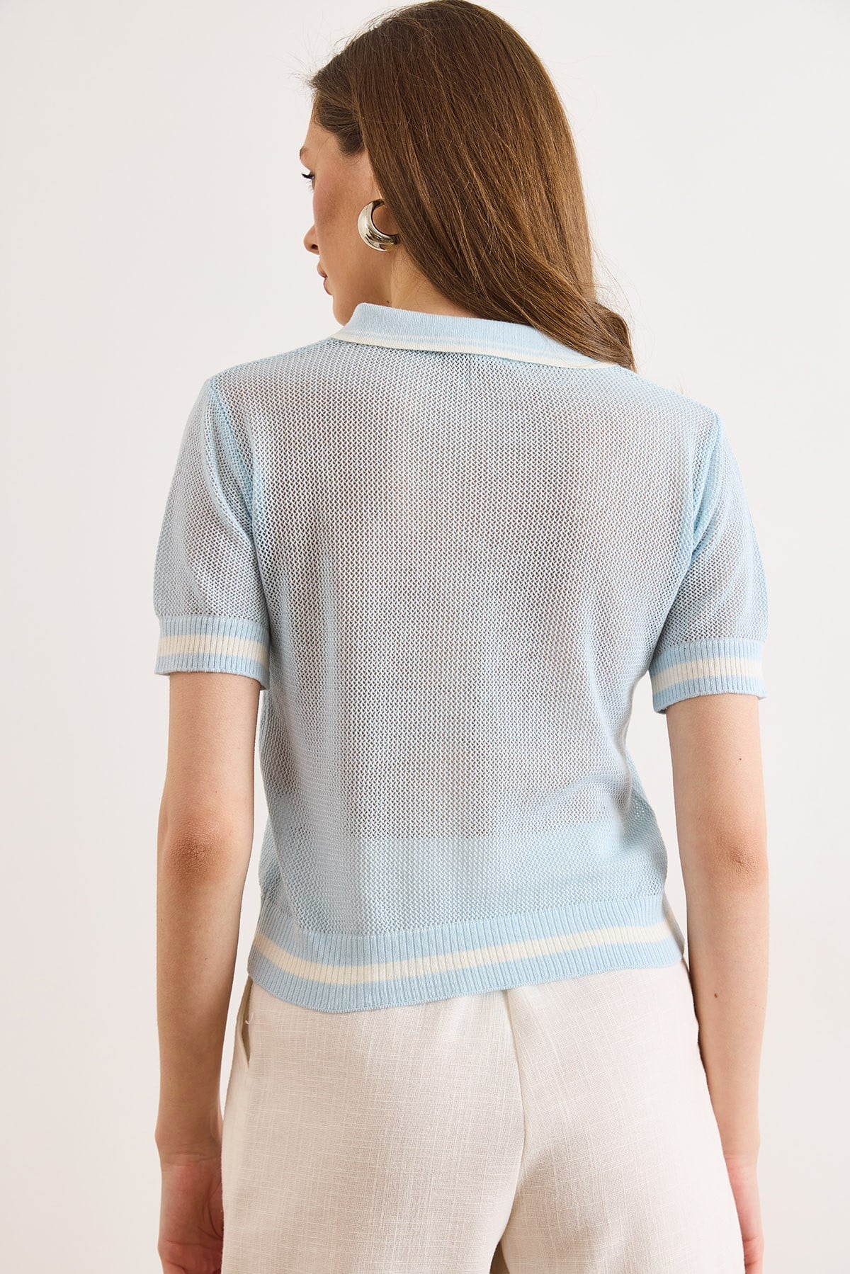 Polo Yaka Fermuarlı Ajurlu Crop Triko Bluz Bebe Mavi