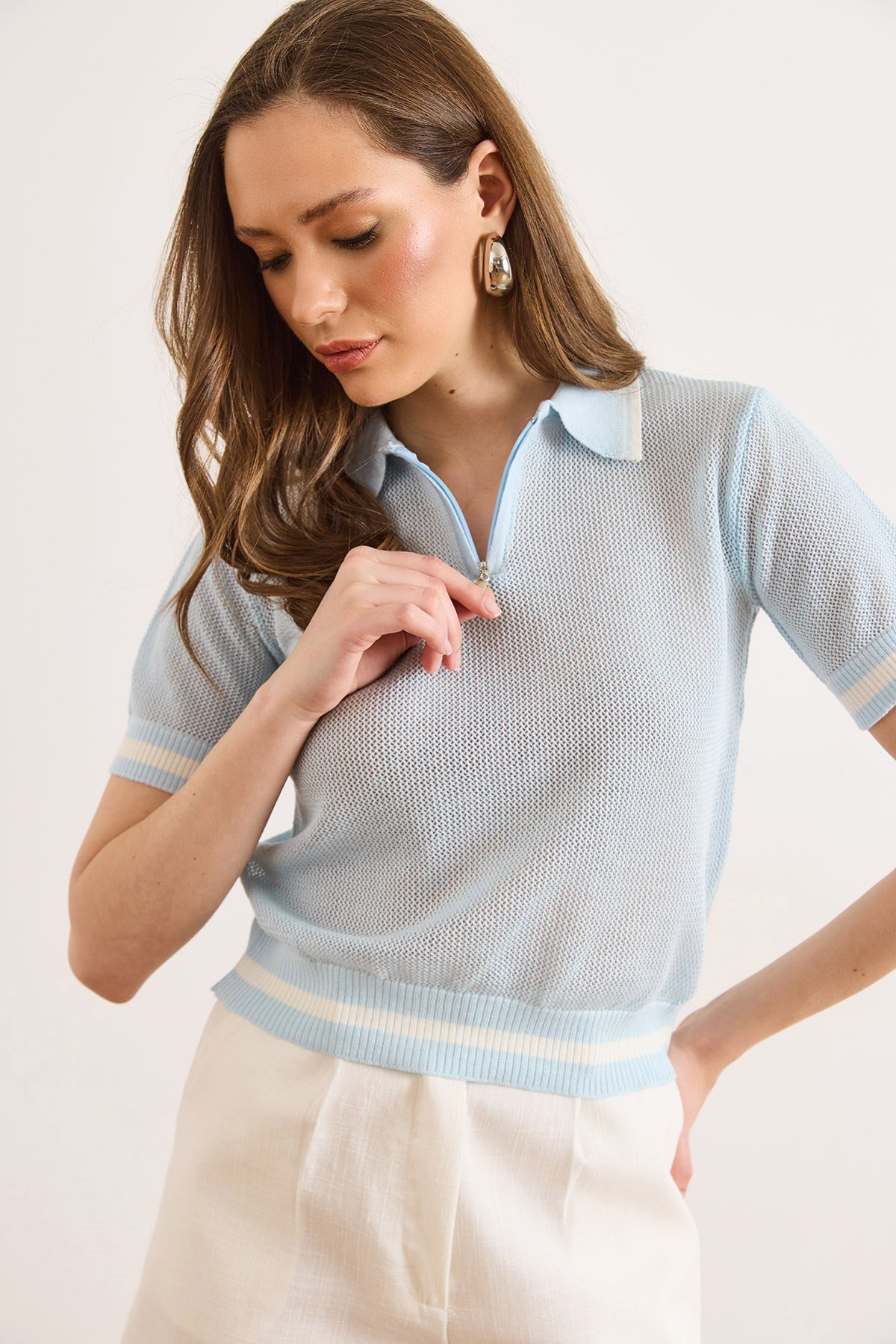 Polo Yaka Fermuarlı Ajurlu Crop Triko Bluz Bebe Mavi