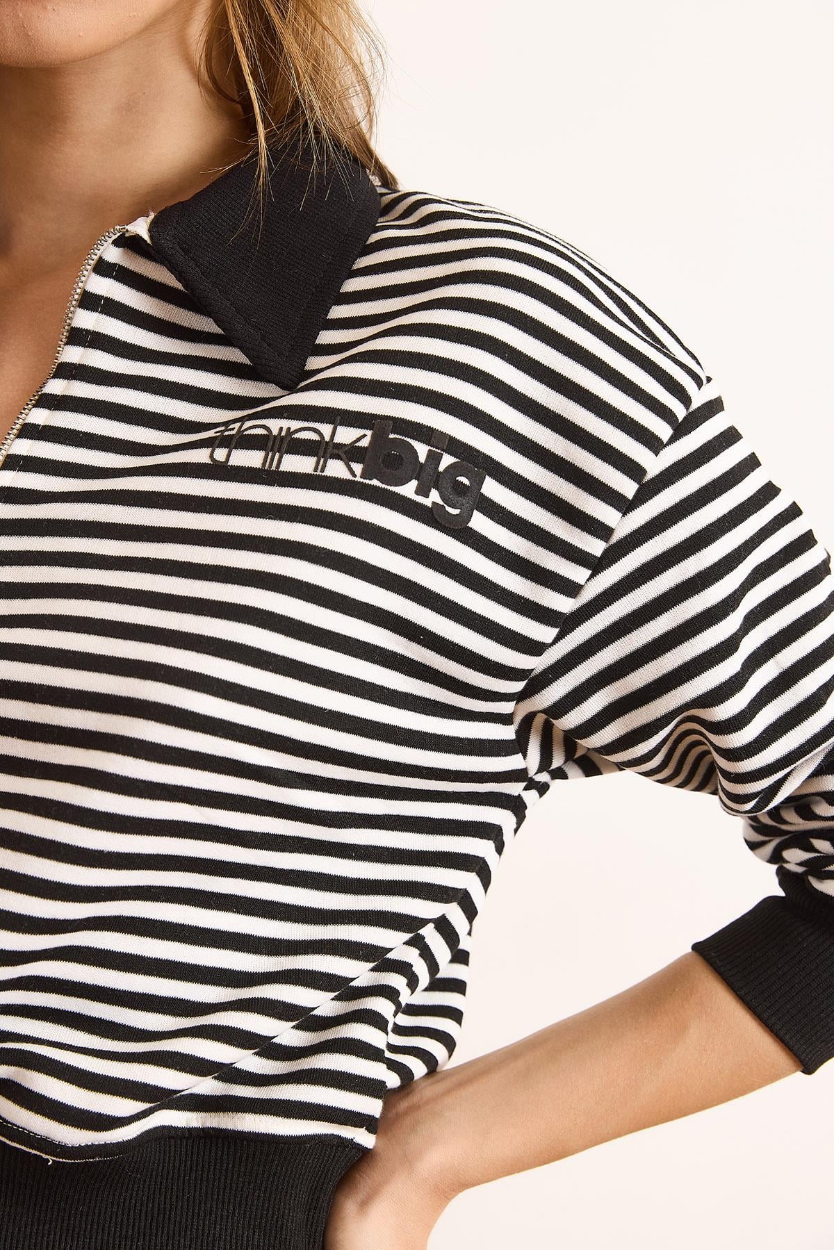 Polo Yaka Fermuarlı Çizgili Şardonsuz Crop Sweatshirt Siyah