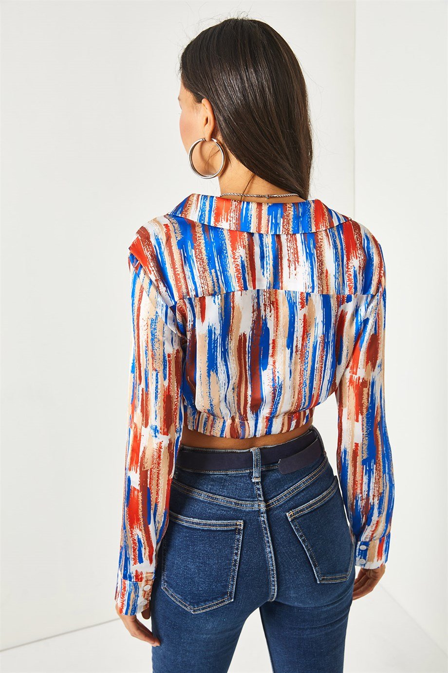 Polo Yaka Kruvaze Crop Saten Bluz Çok Renkli