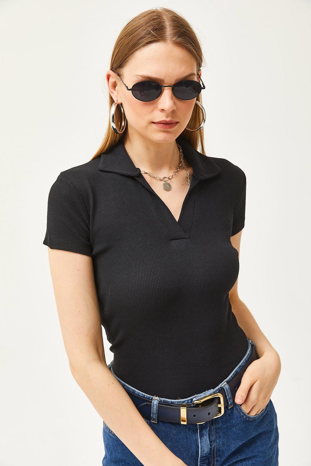 Polo Yaka Örme Bluz Siyah