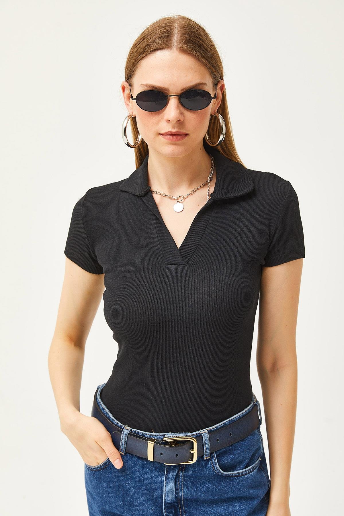 Polo Yaka Örme Bluz Siyah