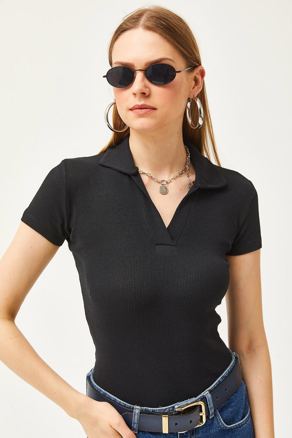 Polo Yaka Örme Bluz Siyah