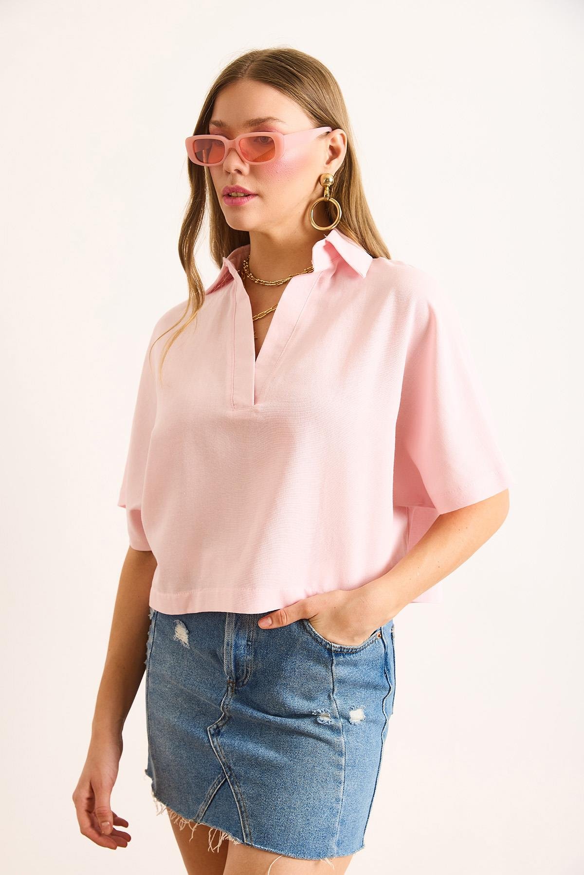 Polo Yaka Salaş Keten Bluz Pembe