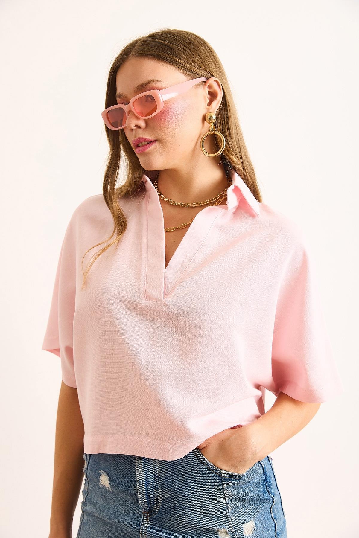 Polo Yaka Salaş Keten Bluz Pembe