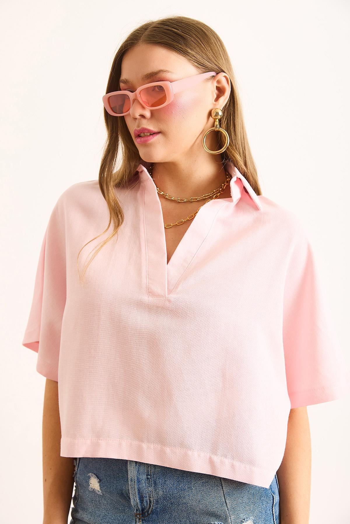Polo Yaka Salaş Keten Bluz Pembe