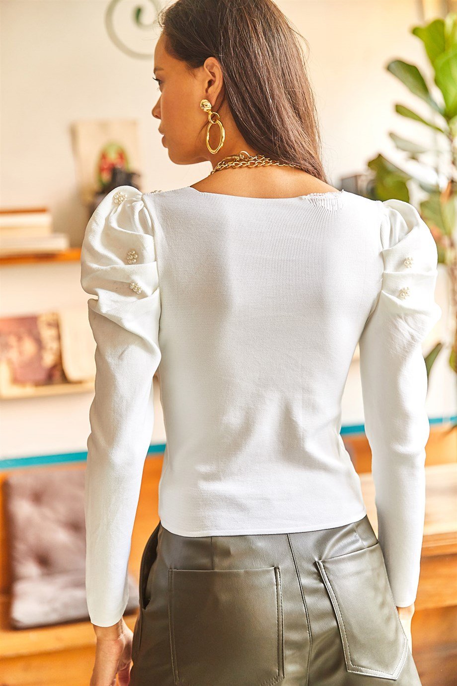 Prenses Kol İnci Detaylı Crop Triko Bluz Ekru
