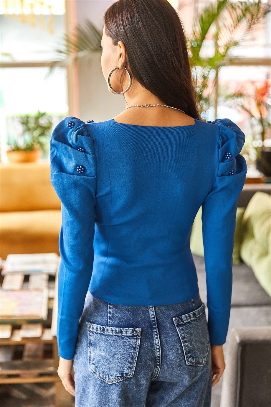 Prenses Kol İnci Detaylı Crop Triko Bluz İndigo