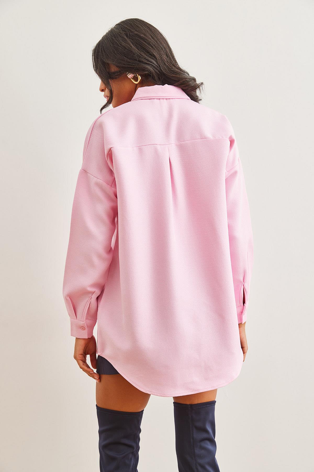 Pul Payetli Yün Efektli Oversize Kışlık Gömlek Şeker Pembe
