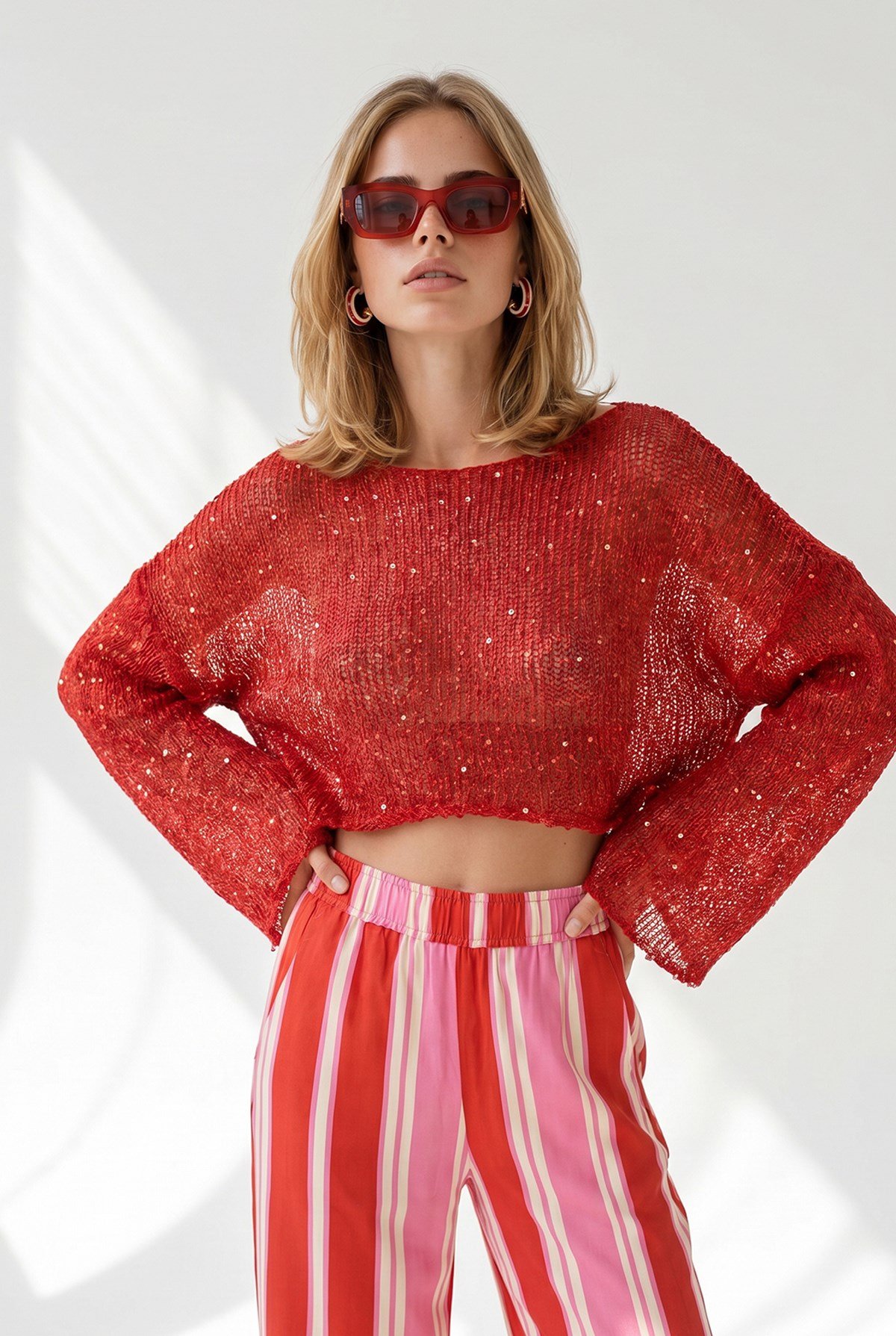 Pullu Ajurlu Crop Triko Bluz Kırmızı