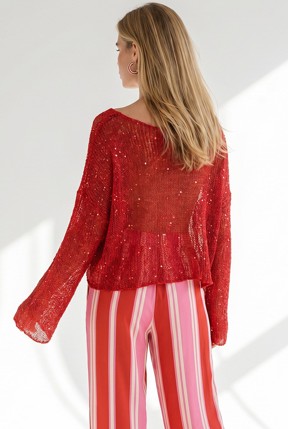 Pullu Ajurlu Crop Triko Bluz Kırmızı