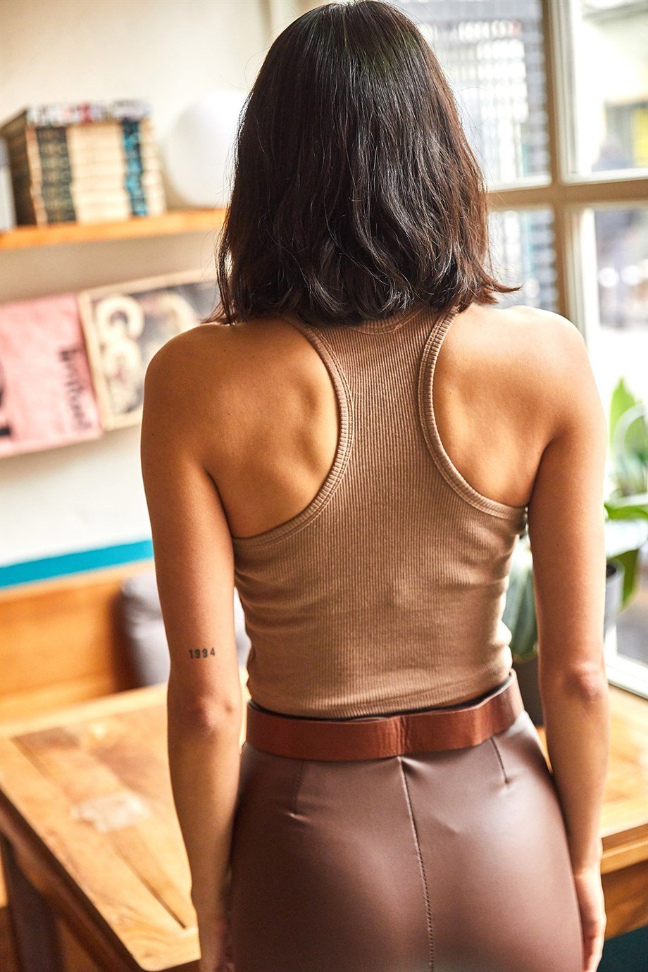Rambo 2'li Likralı Örme Crop  Bluz Camel Taş