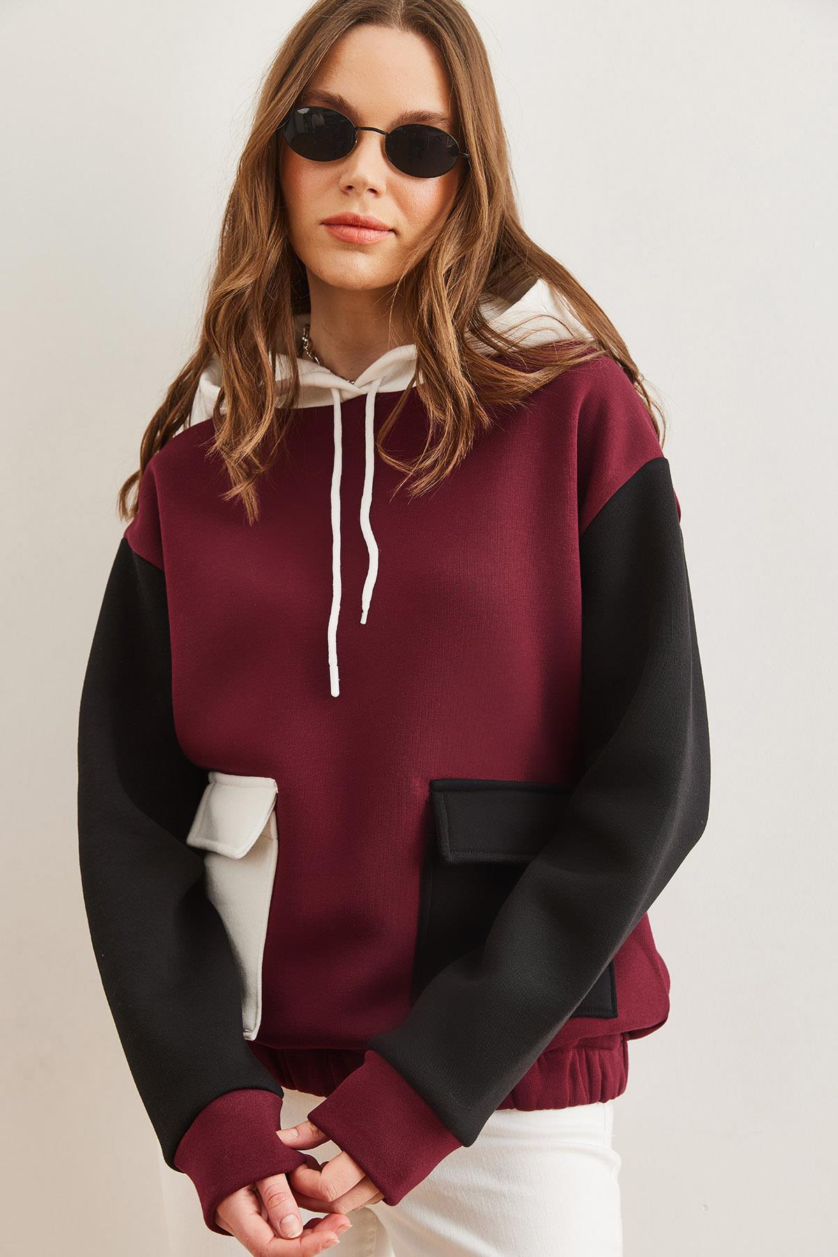 Renk Bloklu İçi Polarlı Sweatshirt Bordo