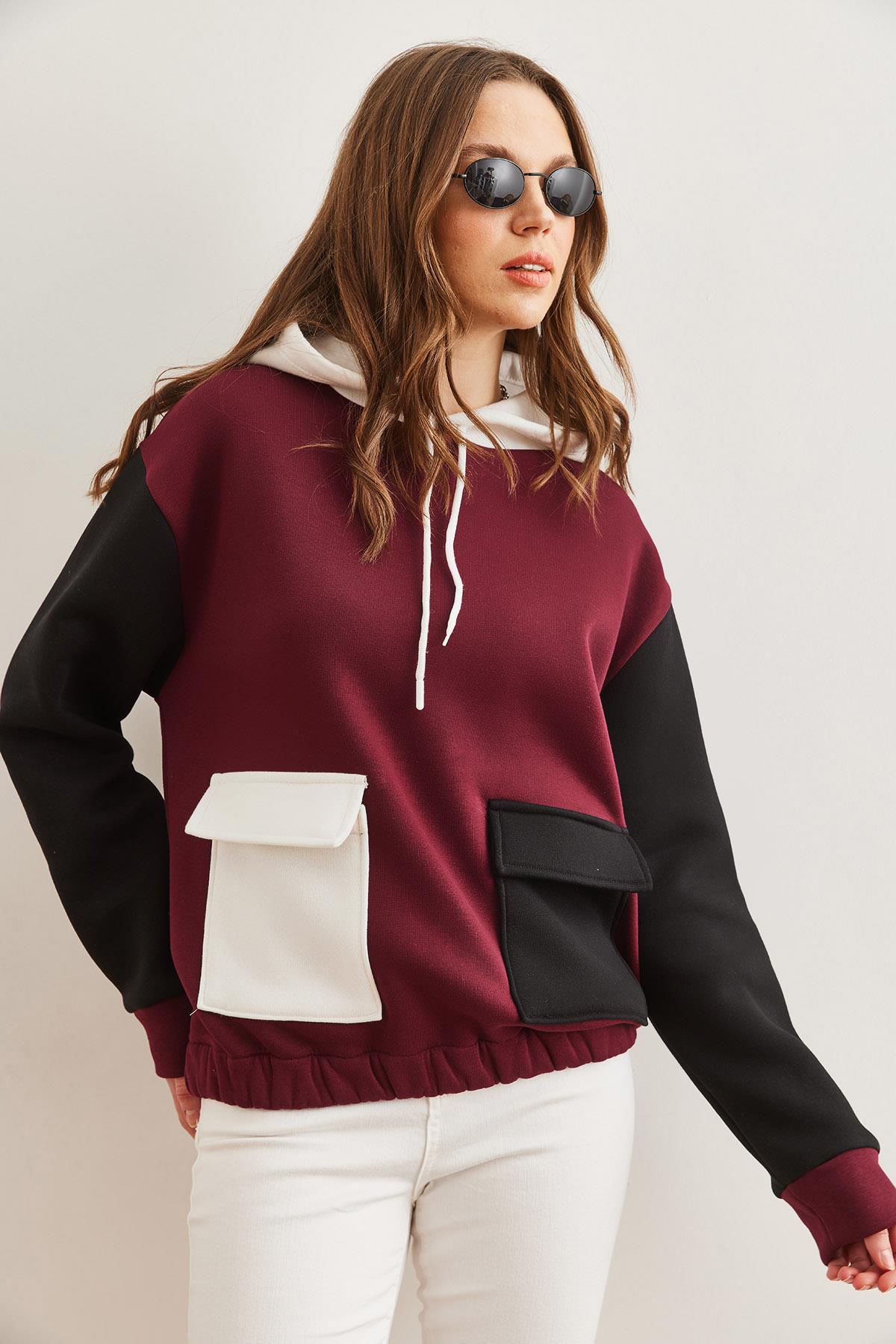 Renk Bloklu İçi Polarlı Sweatshirt Bordo