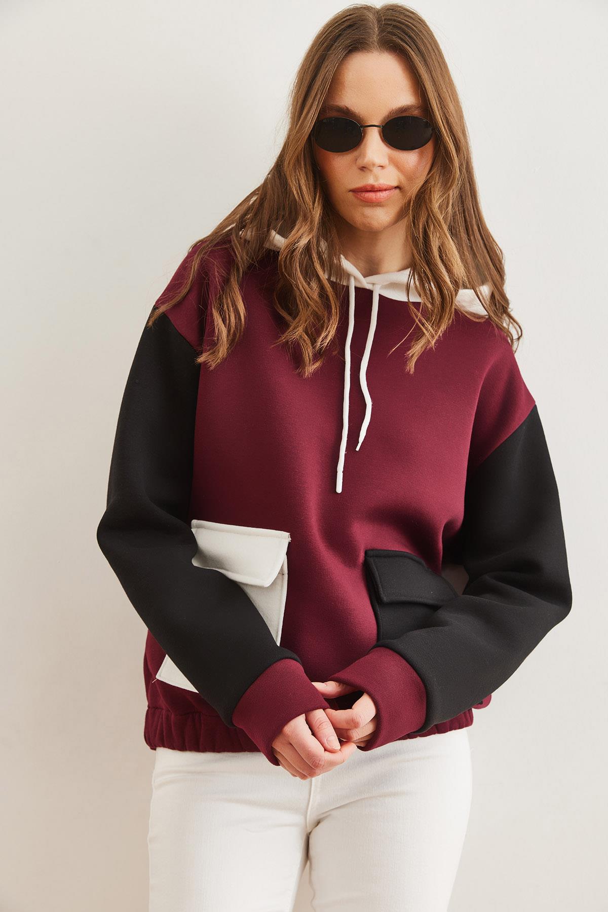 Renk Bloklu İçi Polarlı Sweatshirt Bordo
