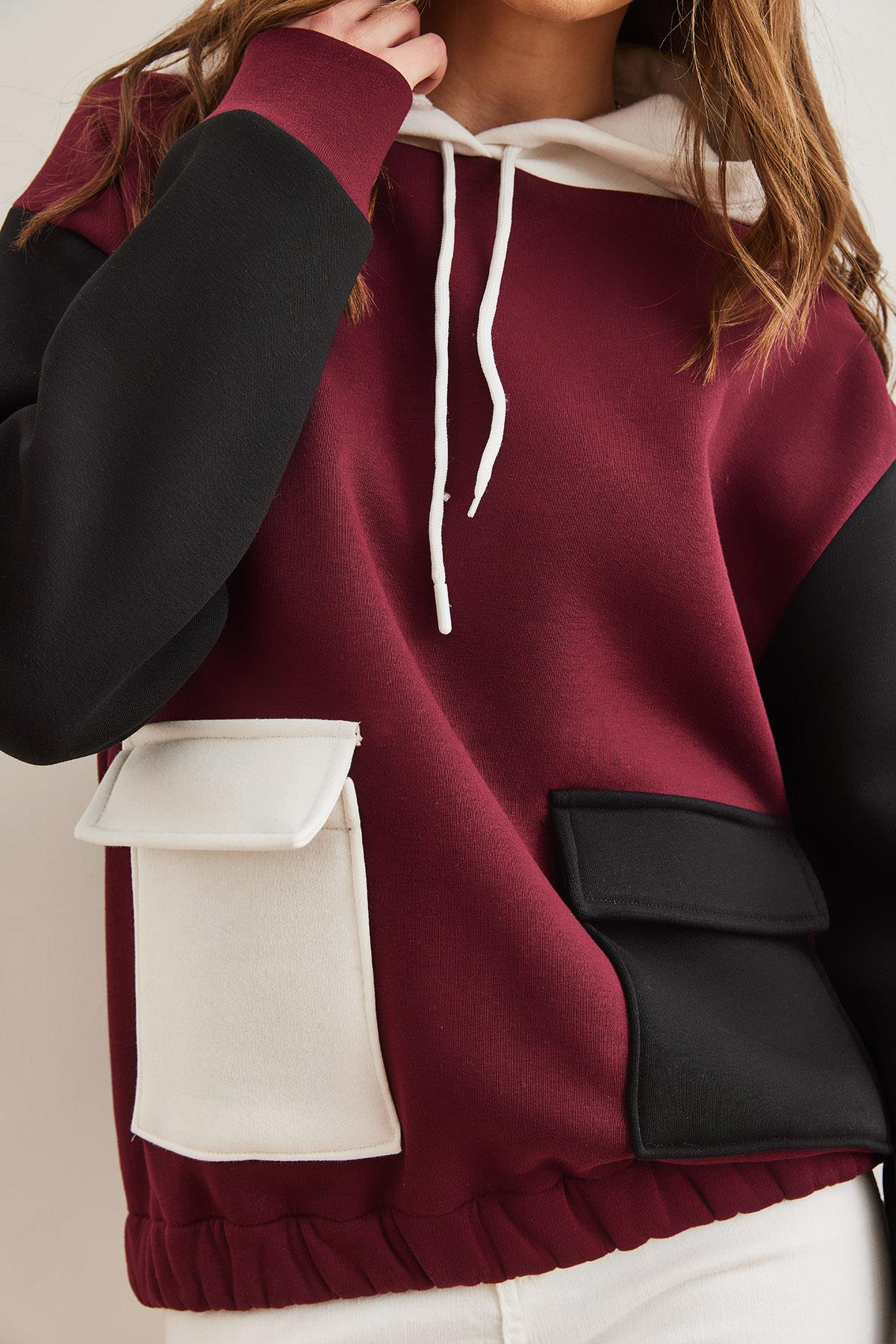 Renk Bloklu İçi Polarlı Sweatshirt Bordo