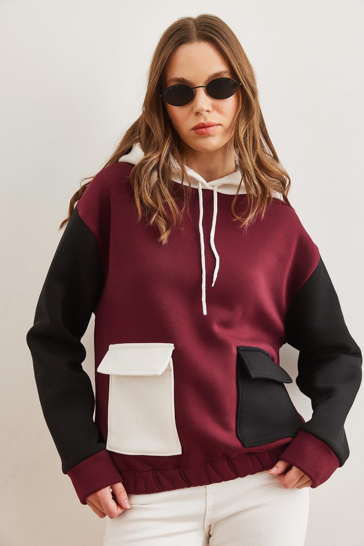 Renk Bloklu İçi Polarlı Sweatshirt Bordo