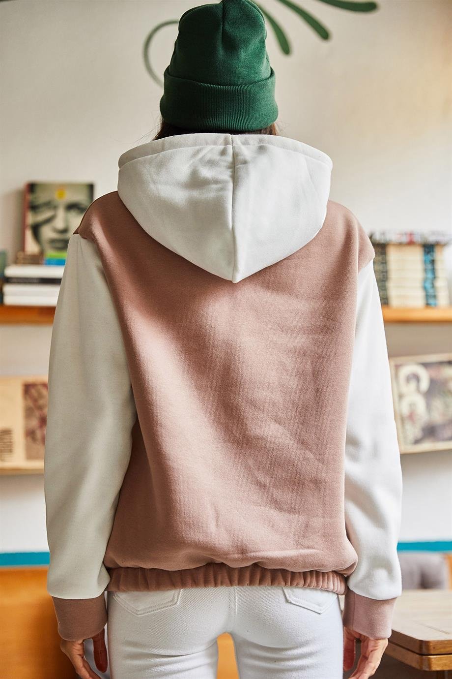 Renk Bloklu İçi Polarlı Sweatshirt Kahverengi Ekru