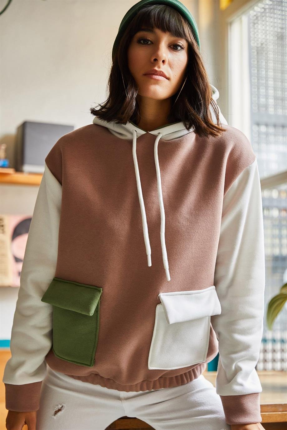 Renk Bloklu İçi Polarlı Sweatshirt Kahverengi Ekru
