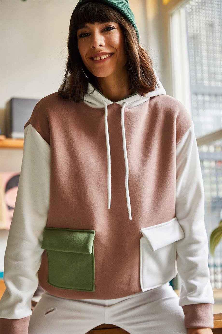 Renk Bloklu İçi Polarlı Sweatshirt Kahverengi Ekru