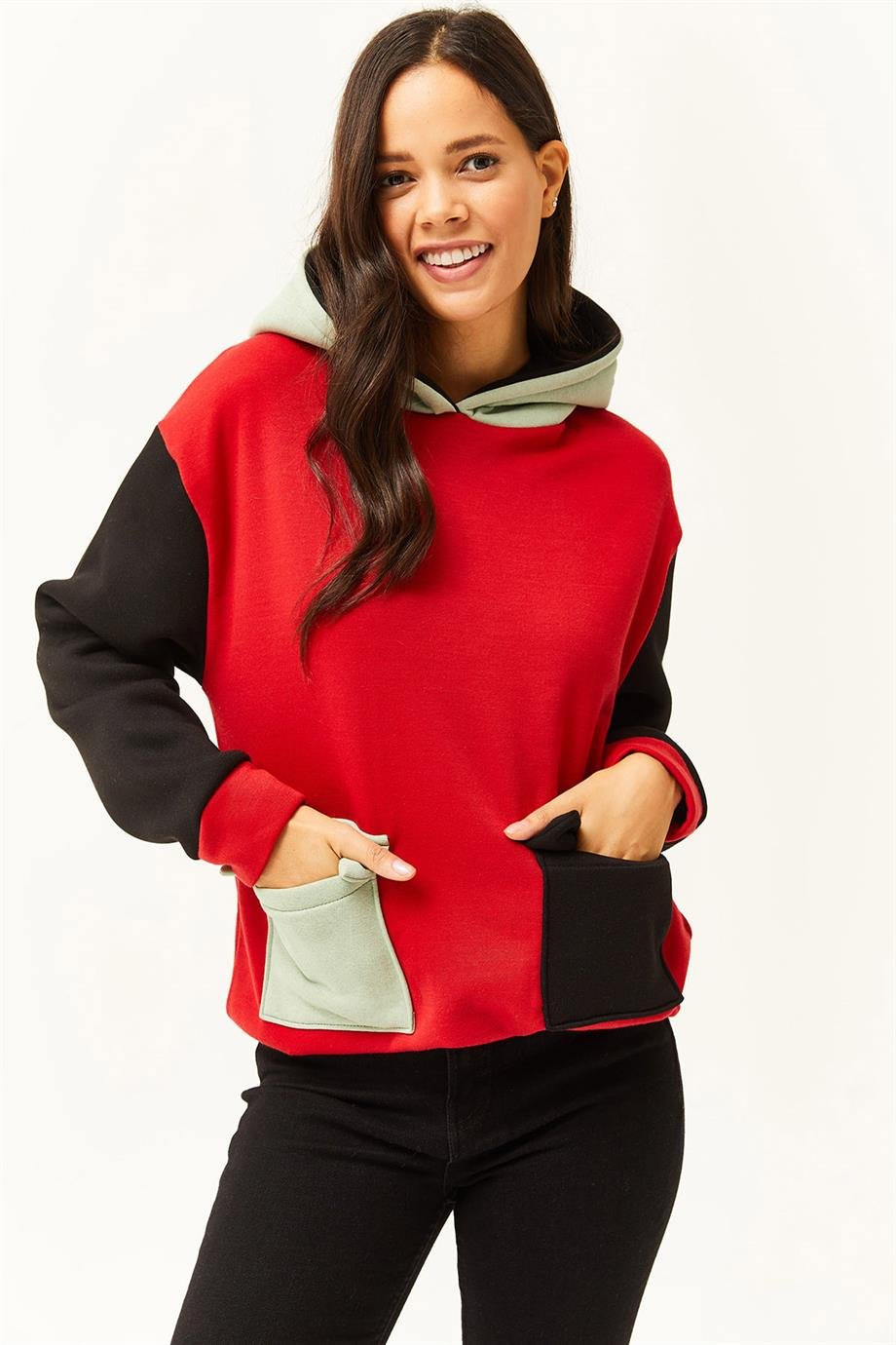 Renk Bloklu İçi Polarlı Sweatshirt Kırmızı Su Yeşili