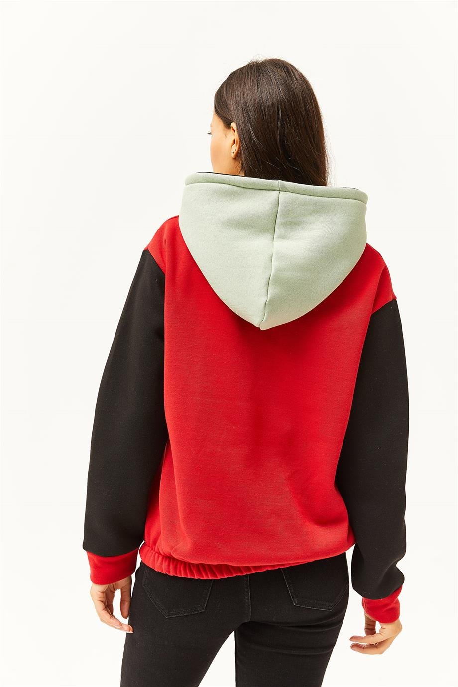 Renk Bloklu İçi Polarlı Sweatshirt Kırmızı Su Yeşili