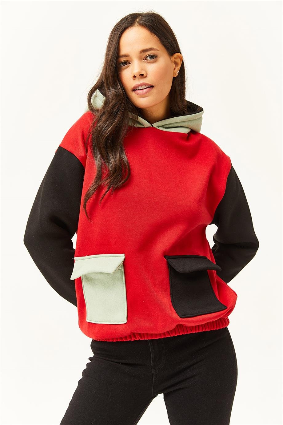 Renk Bloklu İçi Polarlı Sweatshirt Kırmızı Su Yeşili