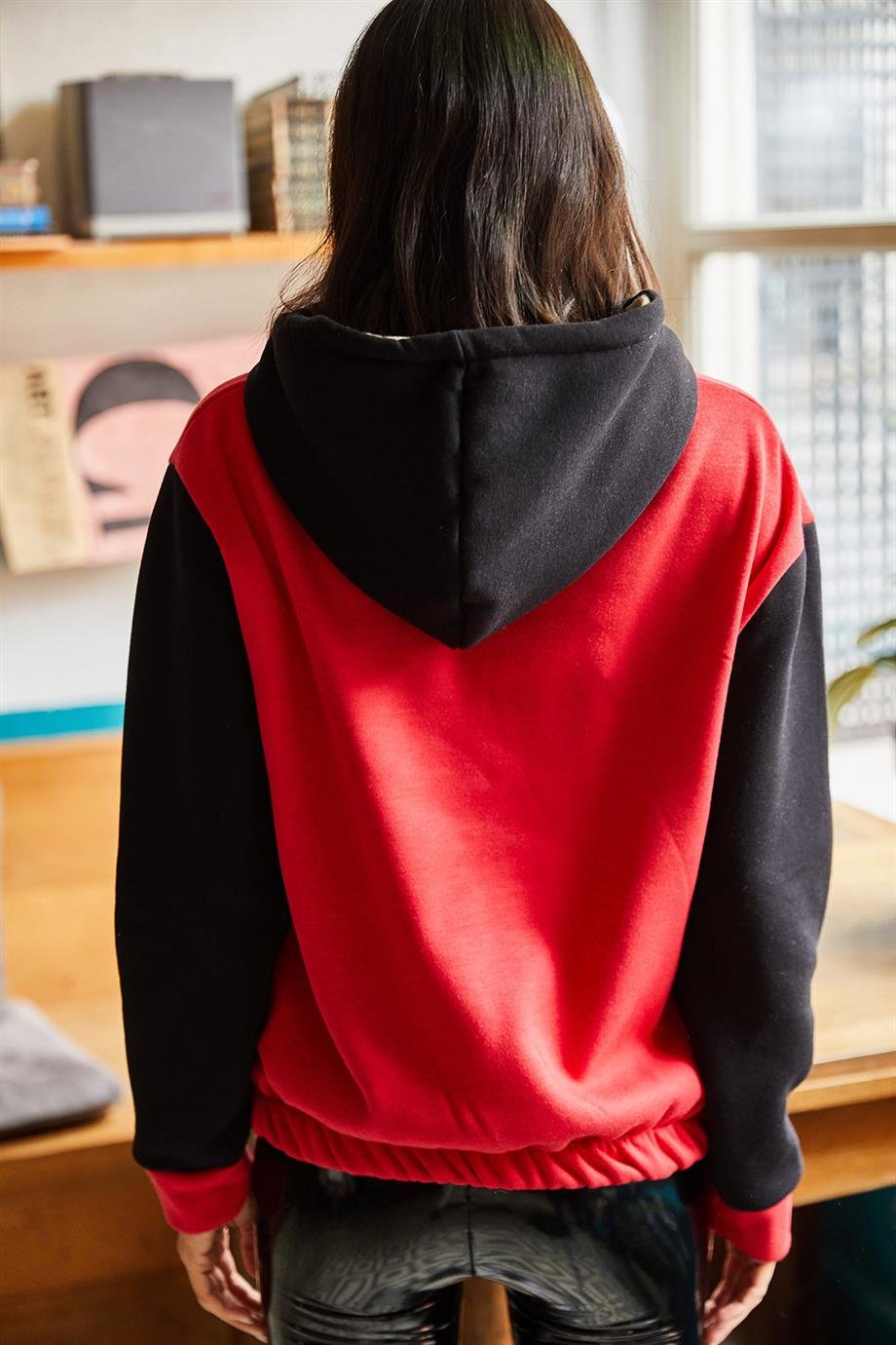 Renk Bloklu İçi Polarlı Sweatshirt Kırmızı Siyah