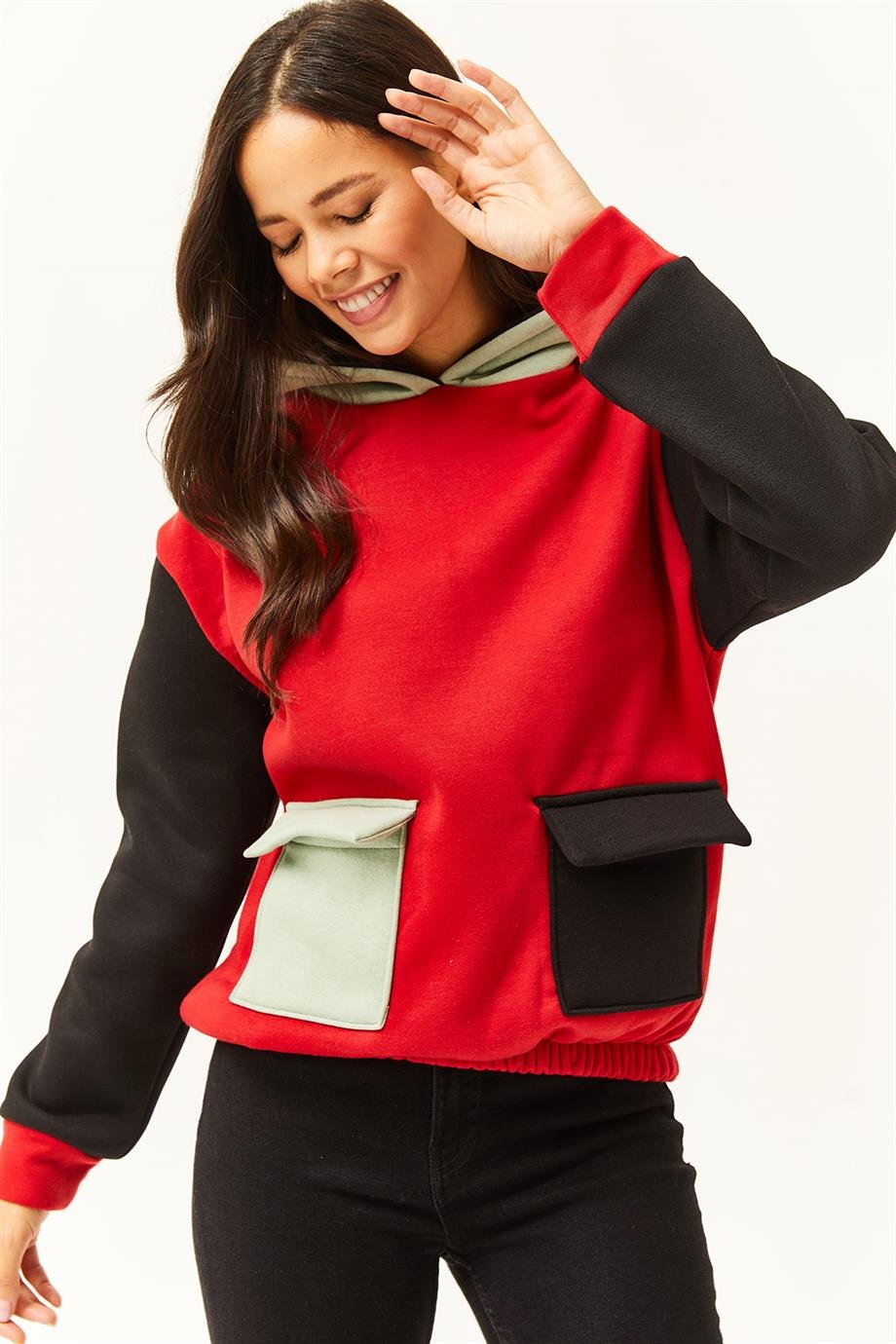 Renk Bloklu İçi Polarlı Sweatshirt Kırmızı Su Yeşili