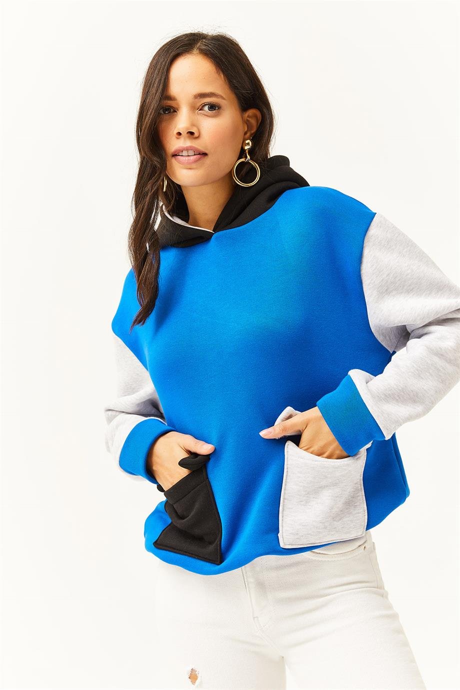 Renk Bloklu İçi Polarlı Sweatshirt Saks Mavi Gri