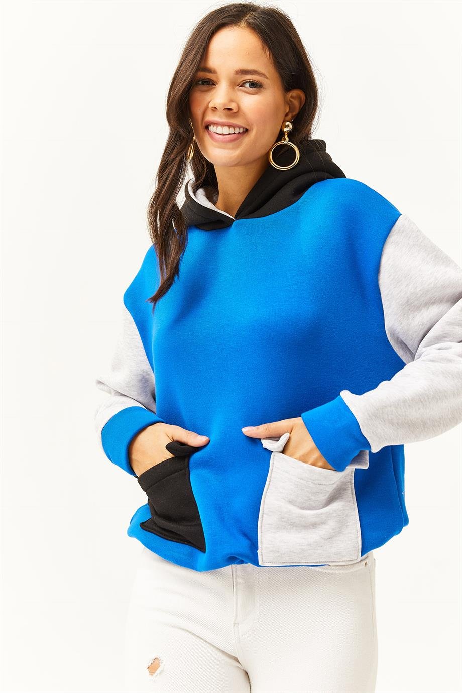 Renk Bloklu İçi Polarlı Sweatshirt Saks Mavi Gri