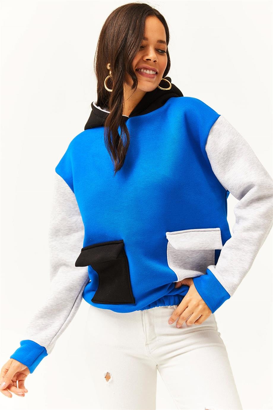 Renk Bloklu İçi Polarlı Sweatshirt Saks Mavi Gri