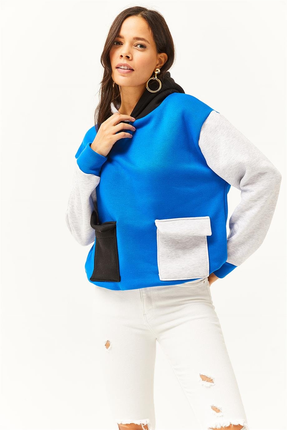 Renk Bloklu İçi Polarlı Sweatshirt Saks Mavi Gri