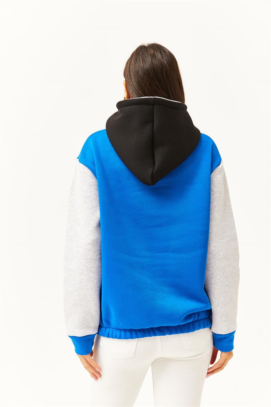 Renk Bloklu İçi Polarlı Sweatshirt Saks Mavi Gri
