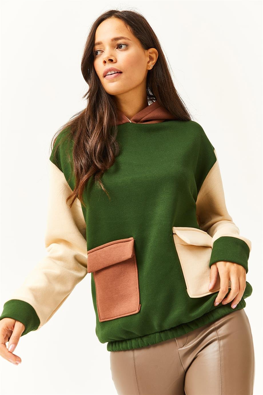 Renk Bloklu İçi Polarlı Sweatshirt Zümrüt Yeşili Bej