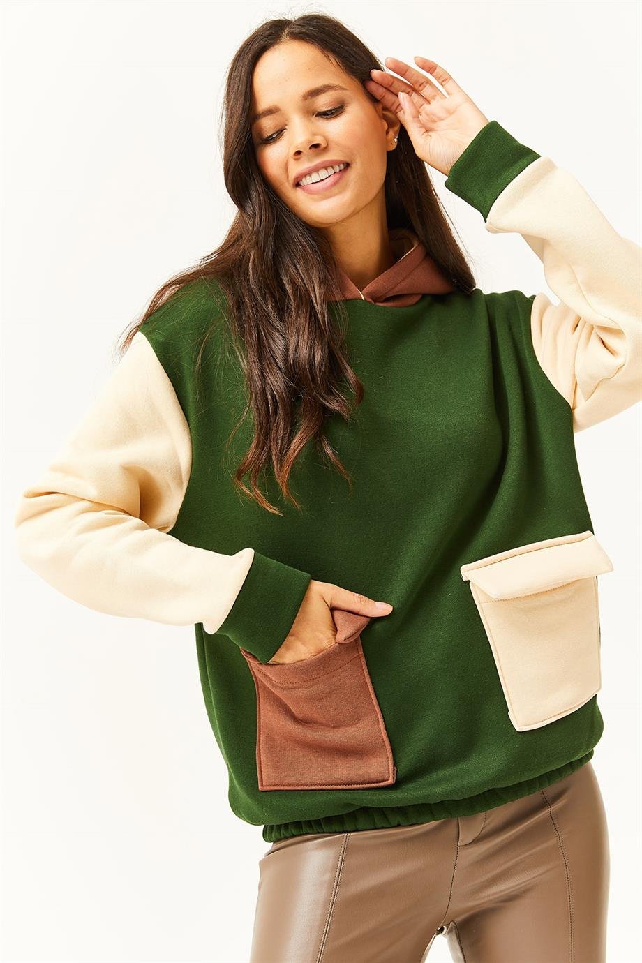 Renk Bloklu İçi Polarlı Sweatshirt Zümrüt Yeşili Bej