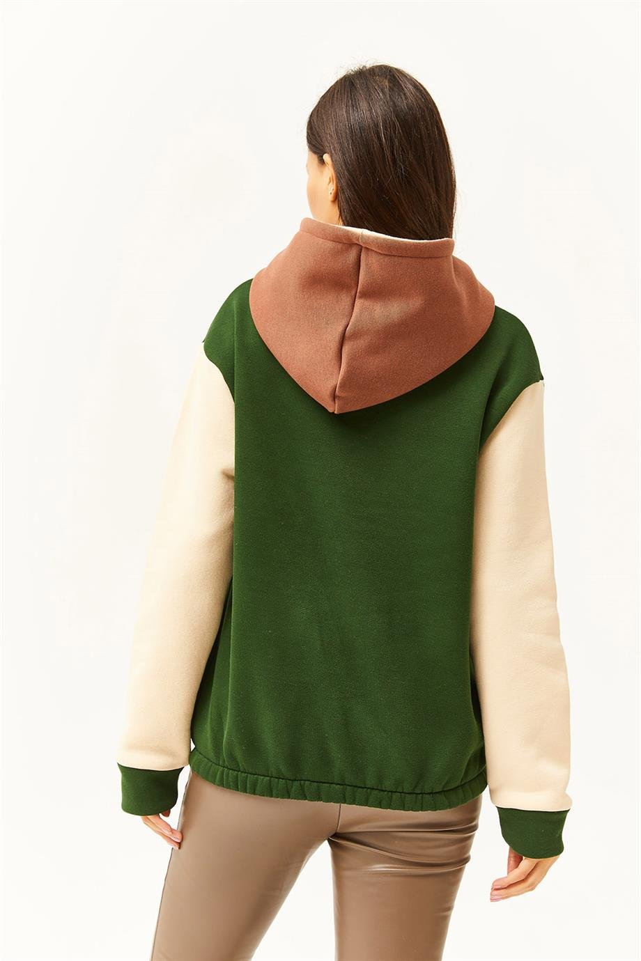 Renk Bloklu İçi Polarlı Sweatshirt Zümrüt Yeşili Bej