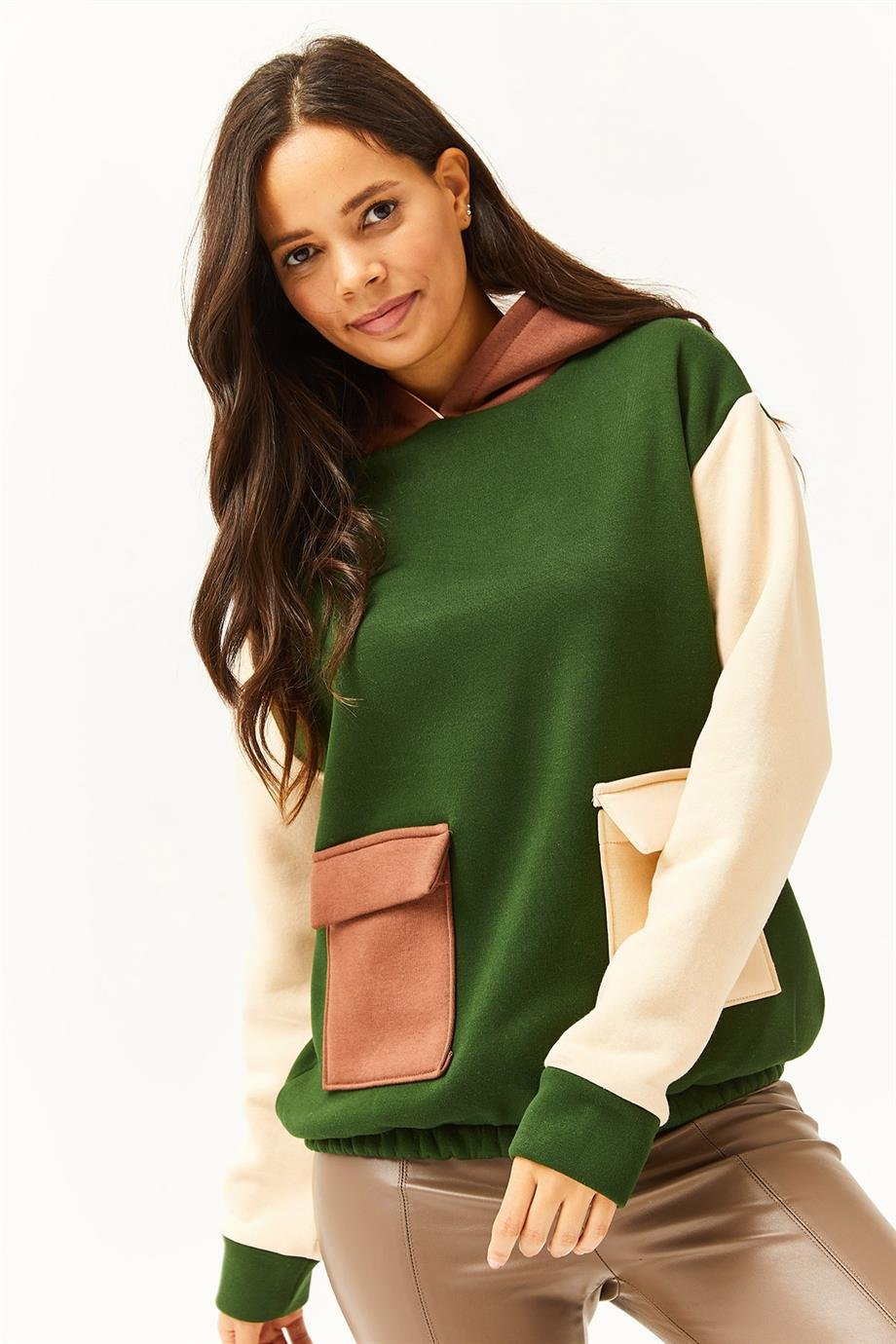 Renk Bloklu İçi Polarlı Sweatshirt Zümrüt Yeşili Bej
